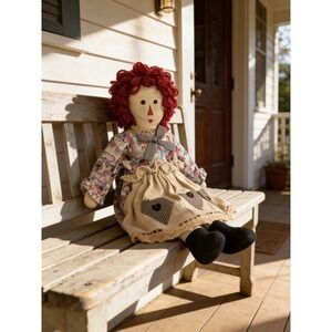 Vintage Raggedy Ann Style Cloth Doll Red Yarn Hair Burlap Apron 21 Inch Decor